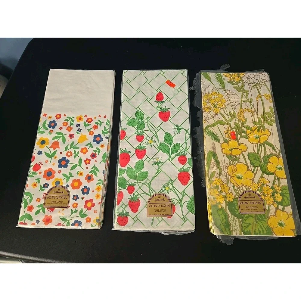 Lot of 3 Vintage Hallmark Paper Tablecloth Strawberry Flowers 60x102 Cottagecore